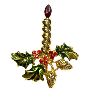 Vintage Christmas Brooch Gold Candle Red Rhinestones & Greenery Festive Pin